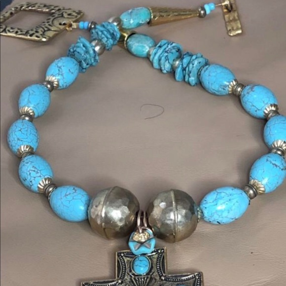 BRASS & TURQUOISE MAGNESITE Cross Necklace - Picture 1 of 2